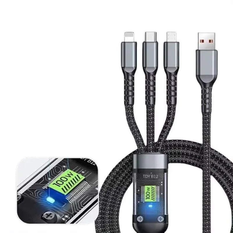 100W 3 in 1 Fast Charging Cable - USB to Type - C, Micro & Lightning Cable - Smart Gadget Hub