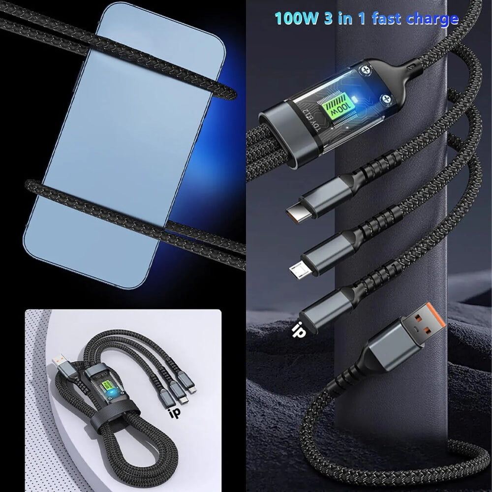 100W 3 in 1 Fast Charging Cable - USB to Type - C, Micro & Lightning Cable - Smart Gadget Hub